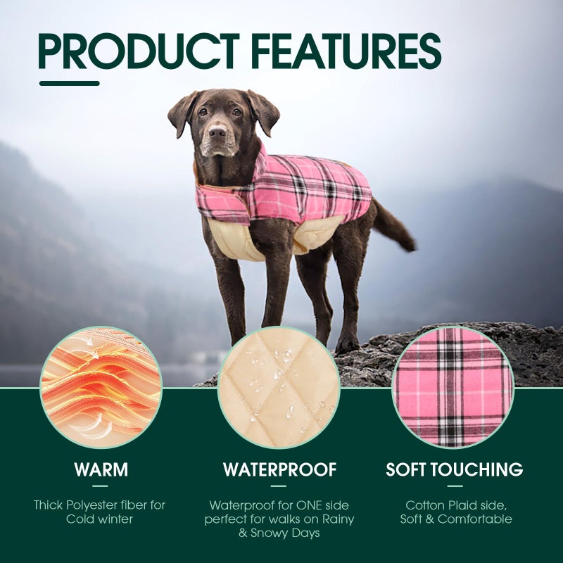 Kuoser Warm Dog Coat, Waterproof Dog Jacket for Extra Large Dogs, Adjustable Durable XXL Doggie Winter Coat Reversible Puppy Cold Weather Apparel from Small to Large Breed, Pink XXL - Image 3